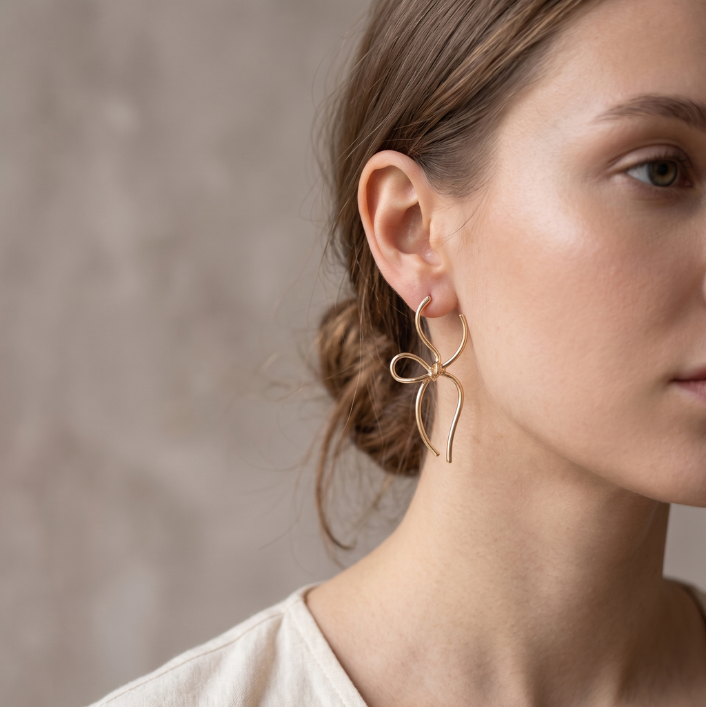 Close-up of a woman wearing a gold earring against a neutral background
