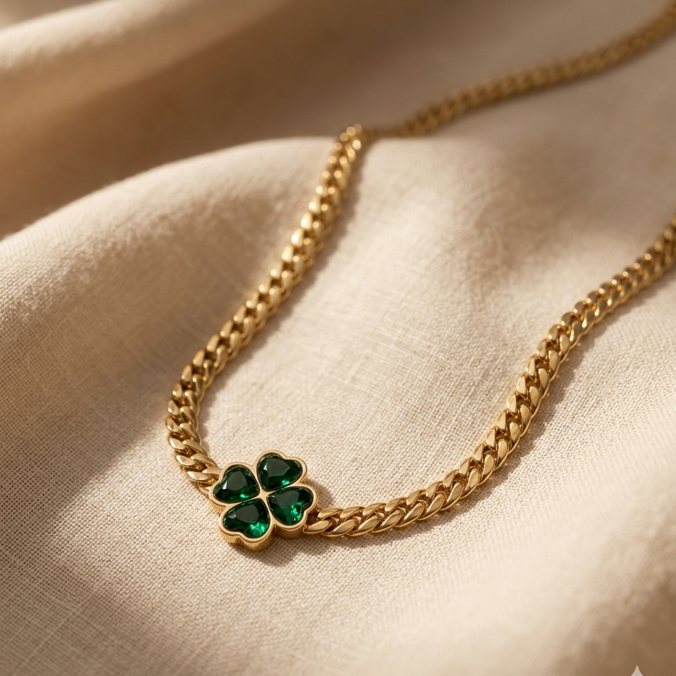 Gold necklace with a clover-shaped green gemstone pendant on a beige fabric background