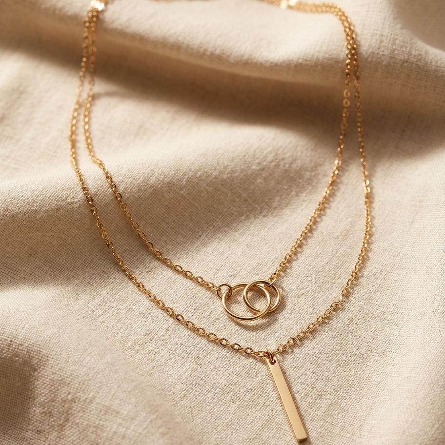 Two gold necklaces on a beige fabric background