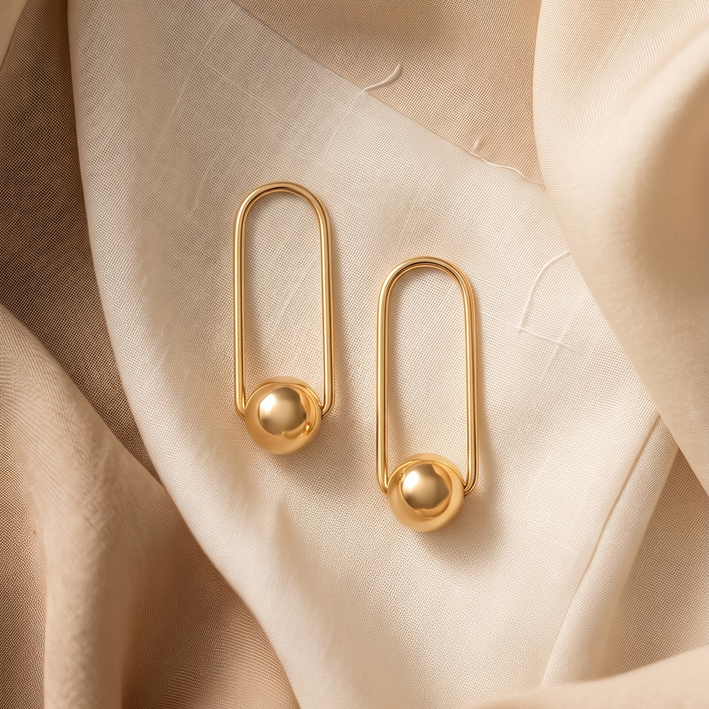 Gold safety pin earrings on a soft beige fabric background