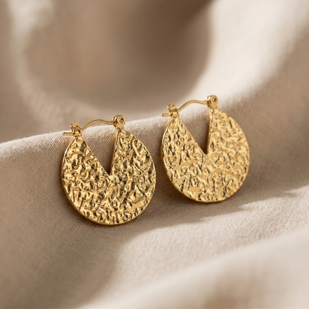 Gold hoop earrings on a soft beige fabric background