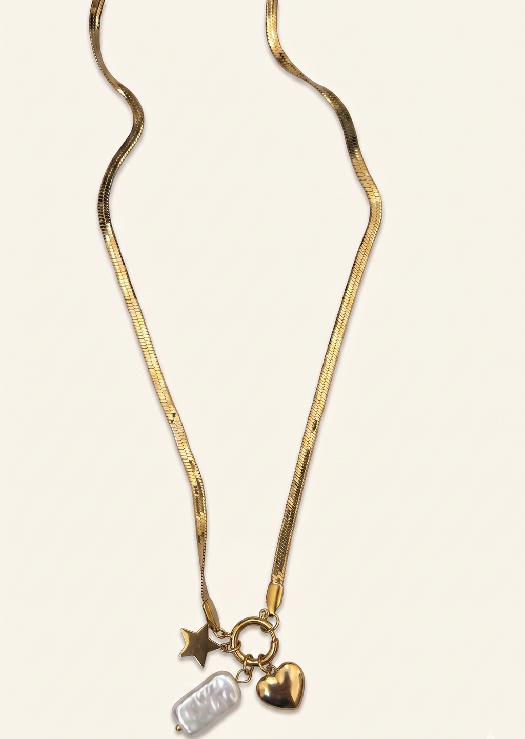 Celestial Heart & Baroque Pearl Anti-Tarnish Snake Chain Necklace