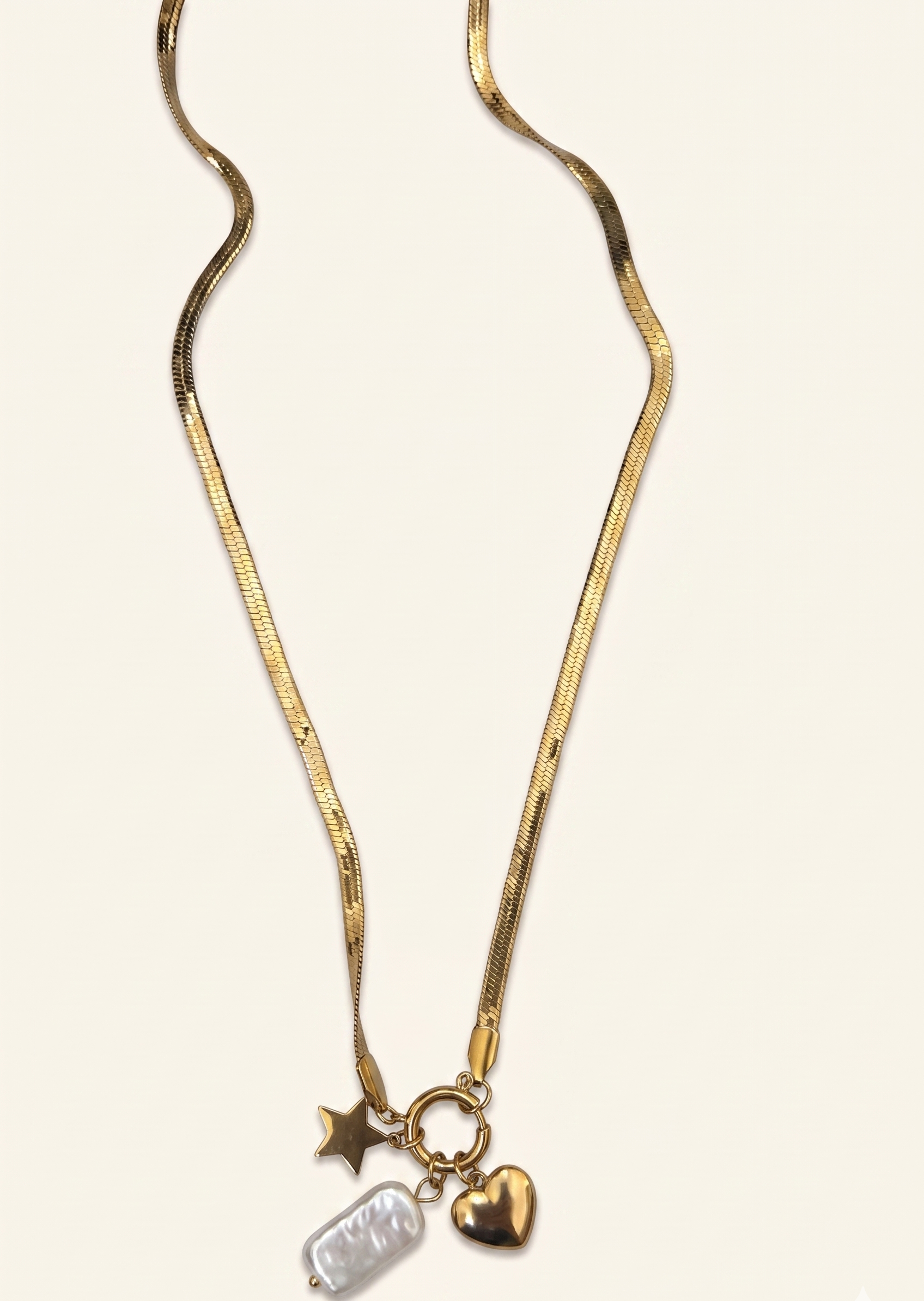 Celestial Heart & Baroque Pearl Anti-Tarnish Snake Chain Necklace