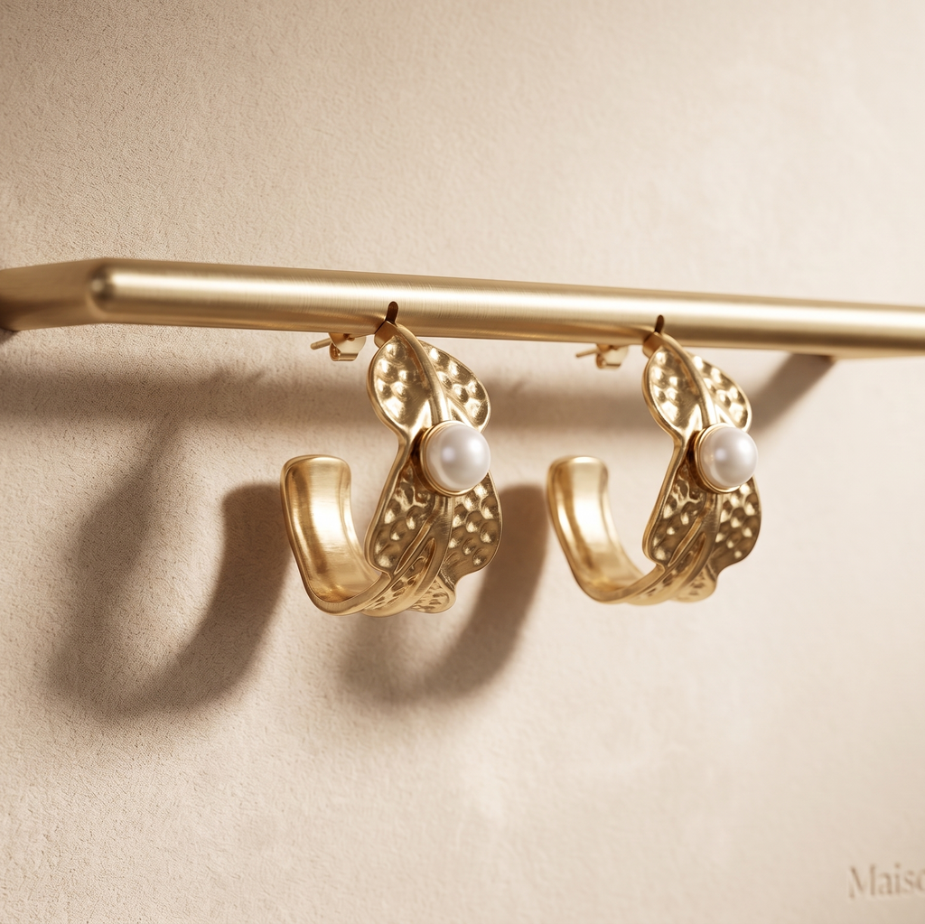 Gold hoop earrings with pearl centers on a beige background