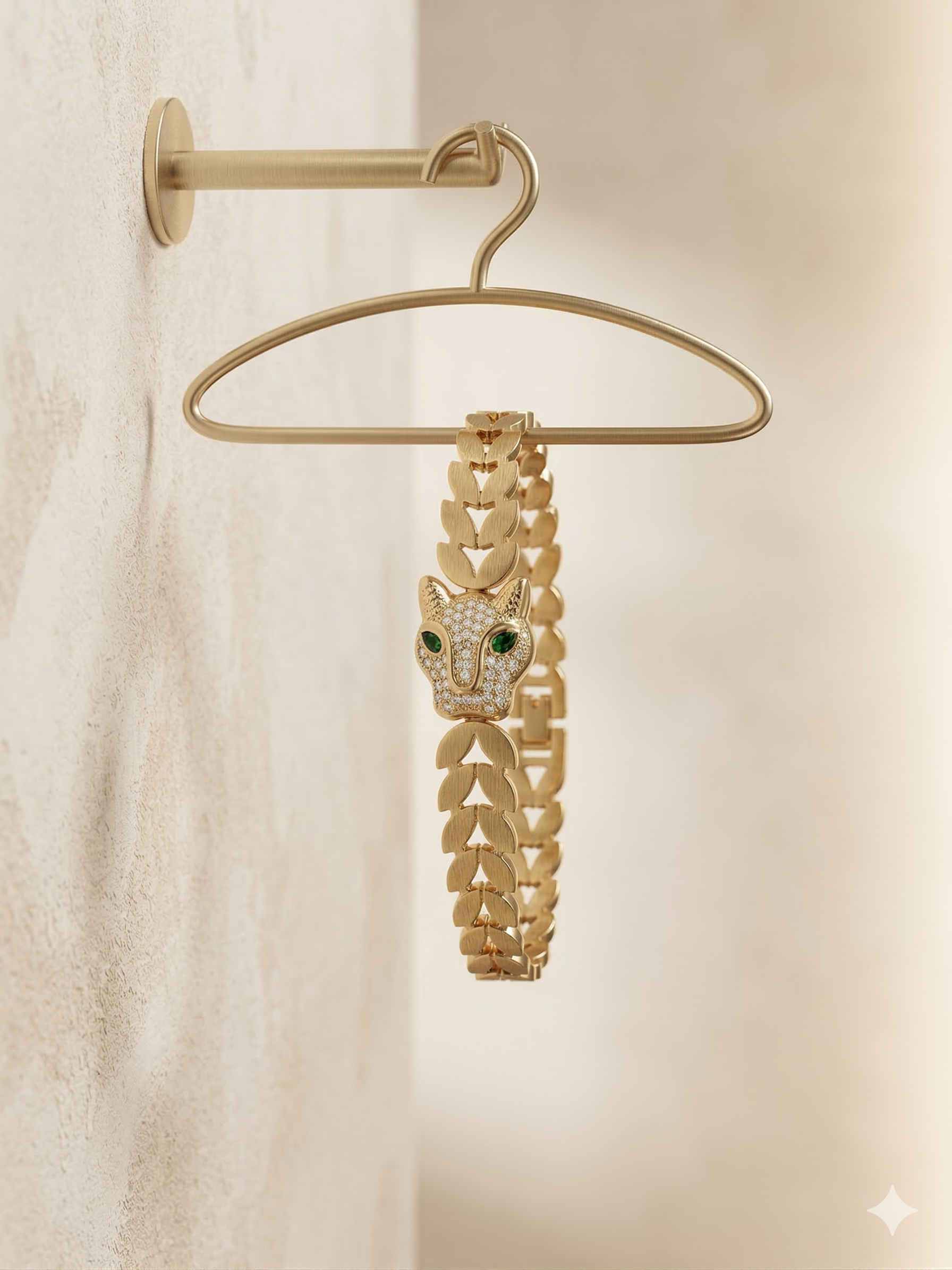 Gold panther-shaped jewelry piece on a hanger against a neutral background
