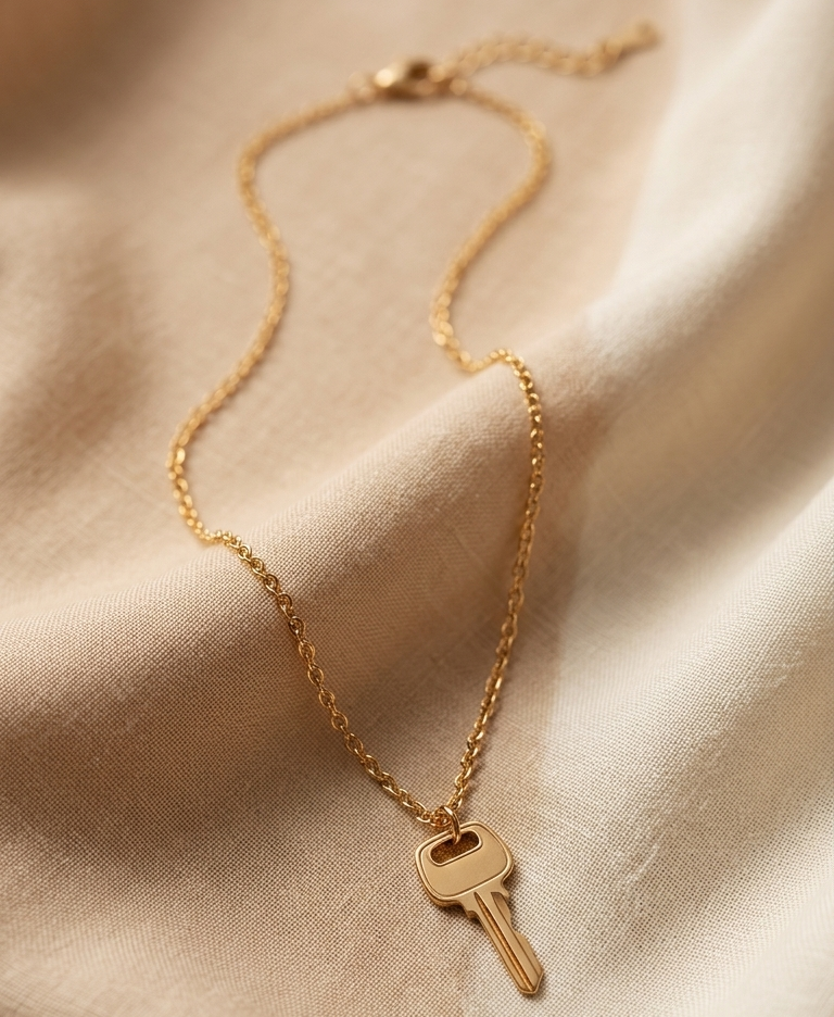 Gold key necklace on a beige fabric background