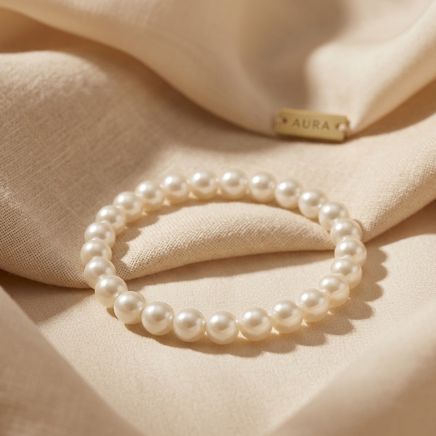Pearl bracelet on a beige fabric background with 'Aura' brand visible
