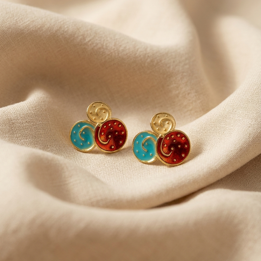 The Solstice Enamel & Brass Studs – Handcrafted Geometric Triple-Disc Earrings