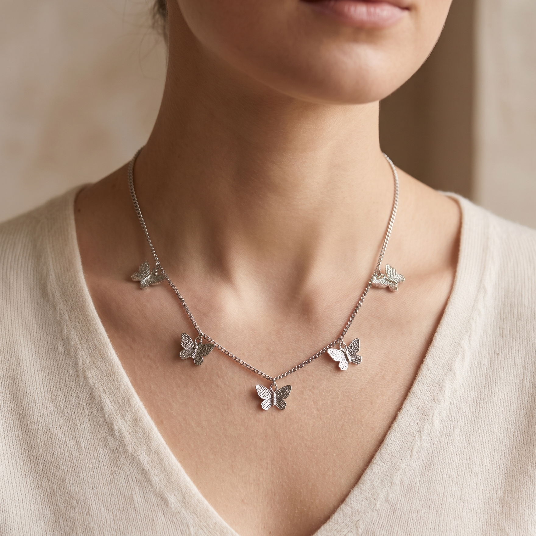 Silver Flutter Charm Necklace – Multi-Butterfly Dainty Chain