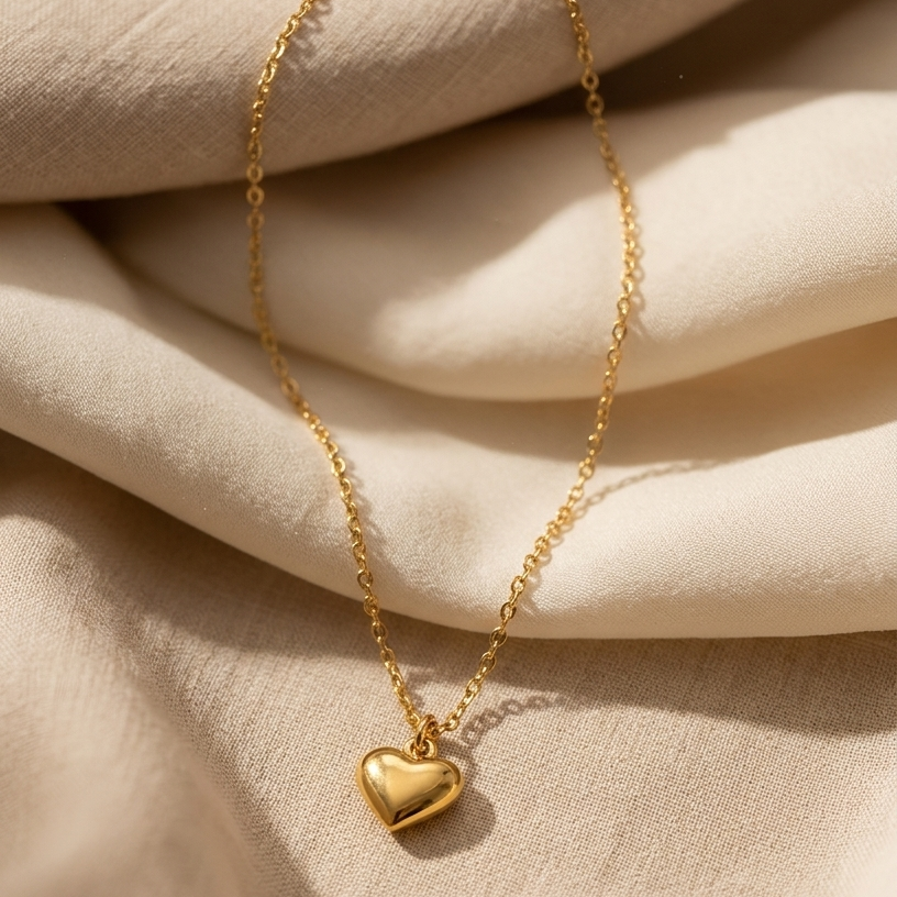 Gold heart-shaped pendant necklace on a beige fabric background