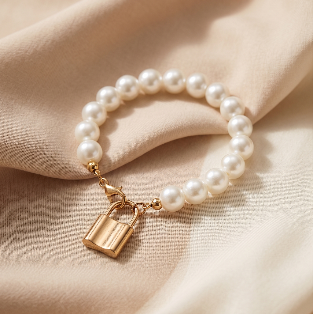 Parisian Gold Padlock Pearl Bracelet | Elegant Beaded Stretch Bracelet