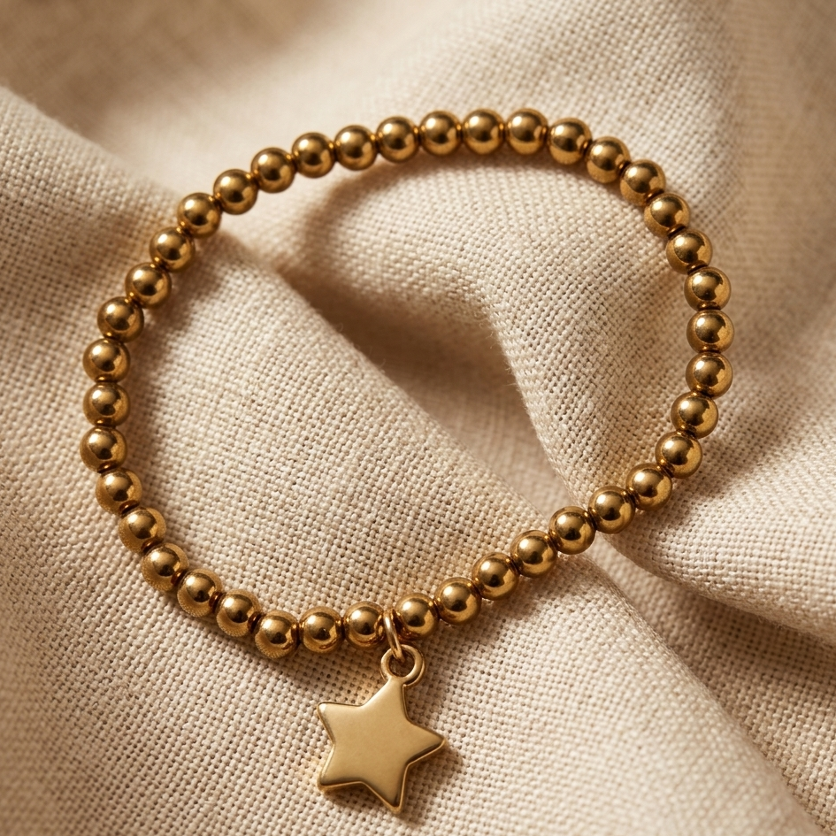 Celestial Star Gold Beaded Bracelet | Minimalist High-Shine Stretch Jewelry