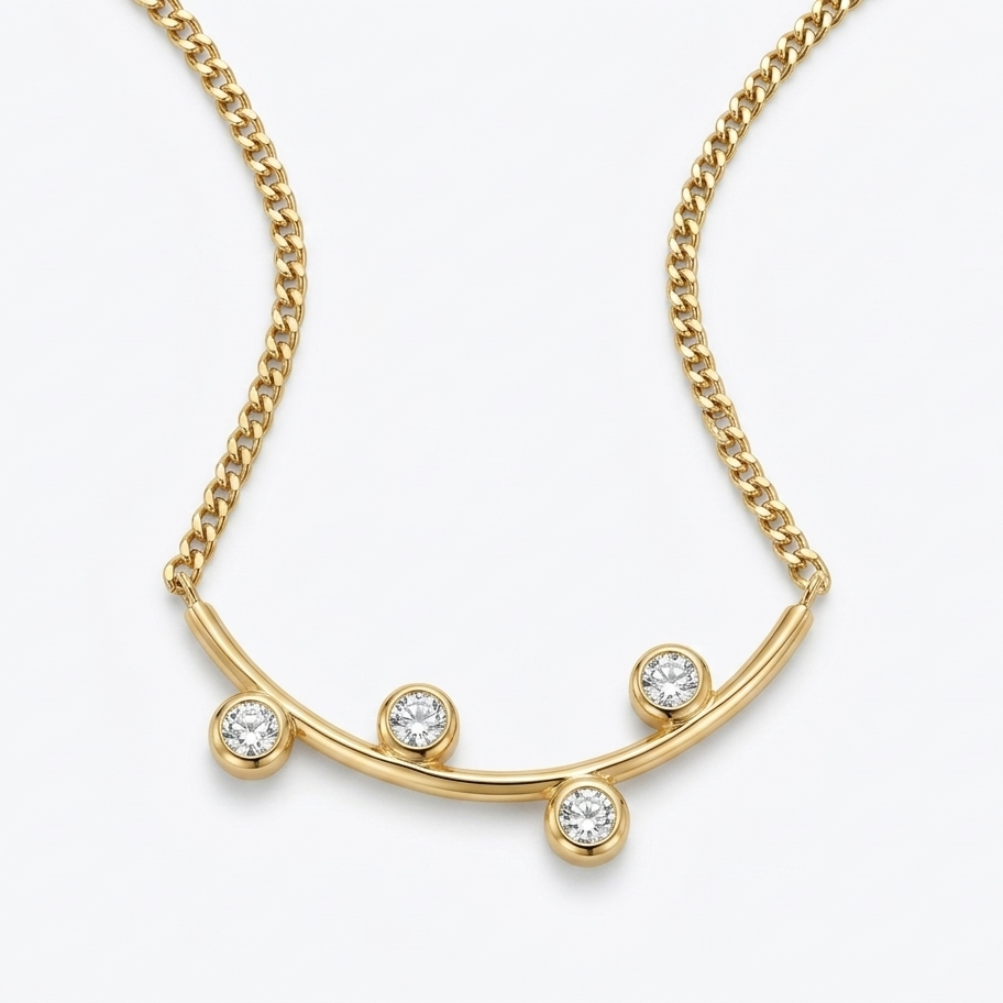 Gold necklace with small diamonds on a white background