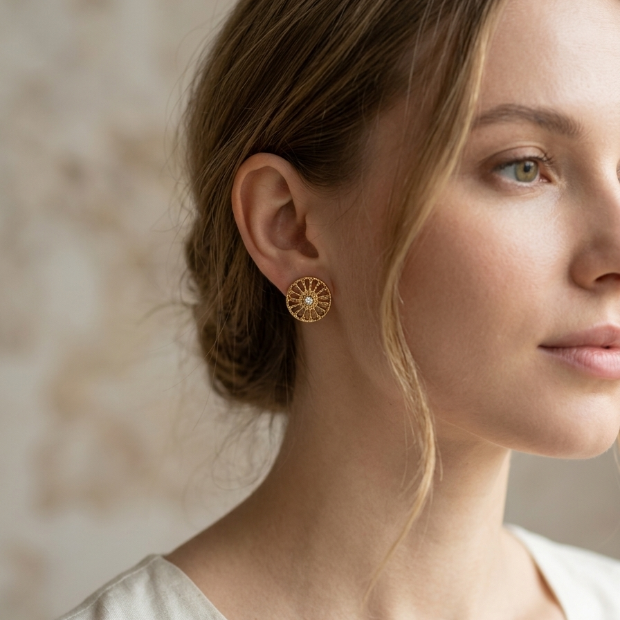 Gold Filigree Mandala Wheel Stud Earrings - 14k Gold Plated Round Sunburst Geometric Post Earrings with Crystal Center