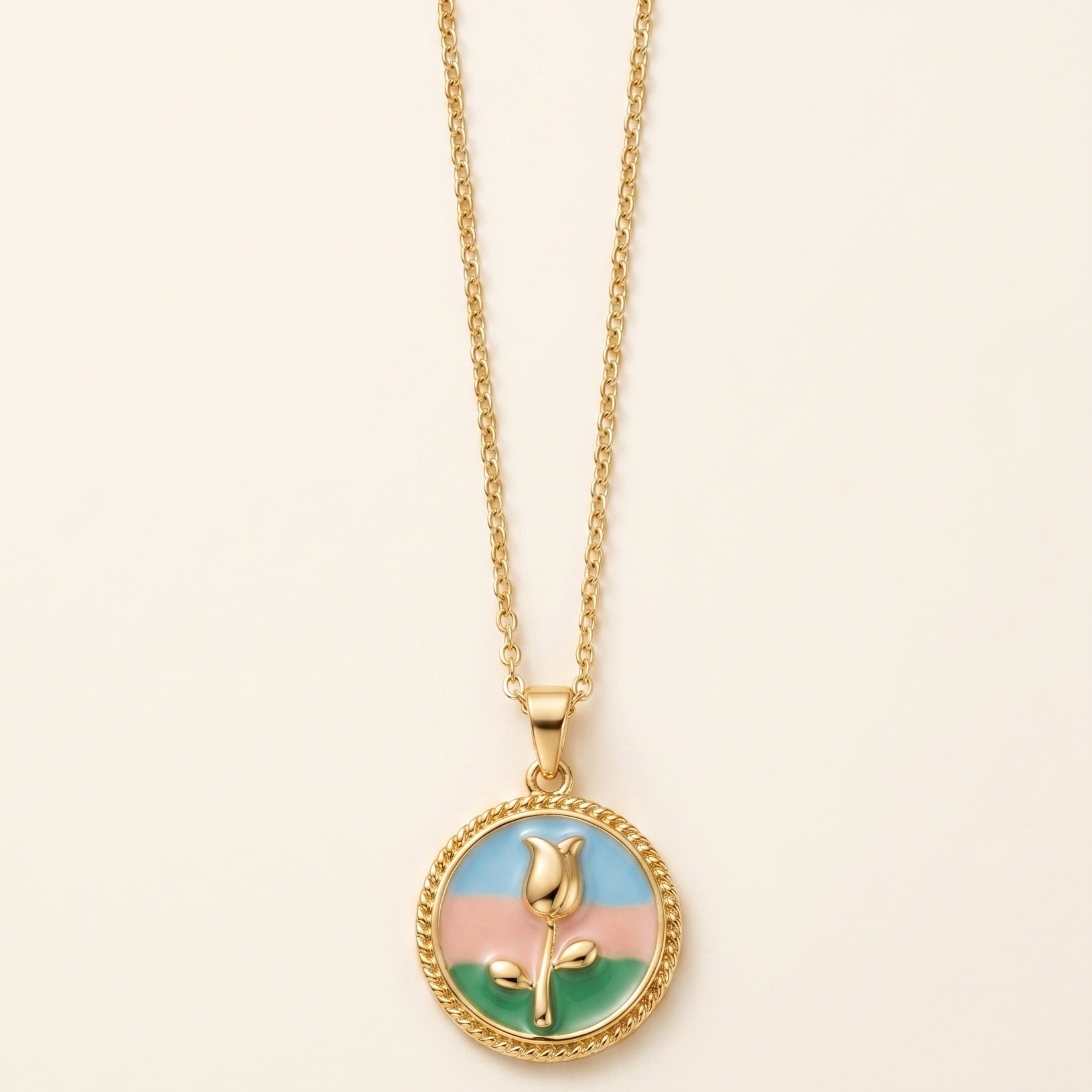 Necklace with a colorful pendant on a beige background