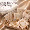 A curated jewelry gift set displayed in a patterned box with gold-tone necklaces, rings, earrings, and bracelets on beige display cards, set on satin fabric with promotional text overlay.