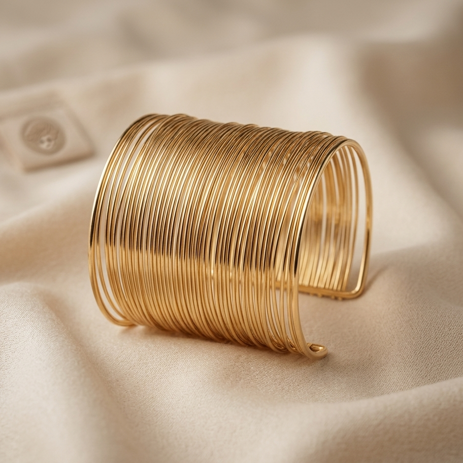 Gold bracelet on a beige fabric background