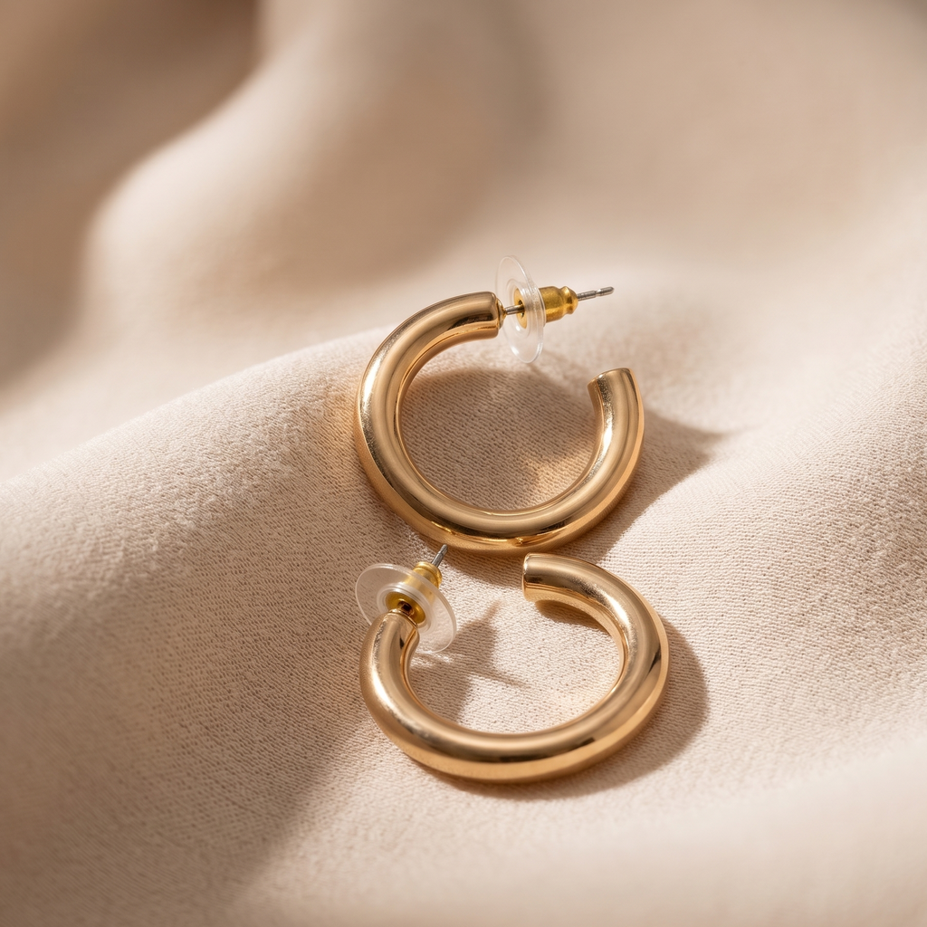 Gold hoop earrings on a beige fabric background