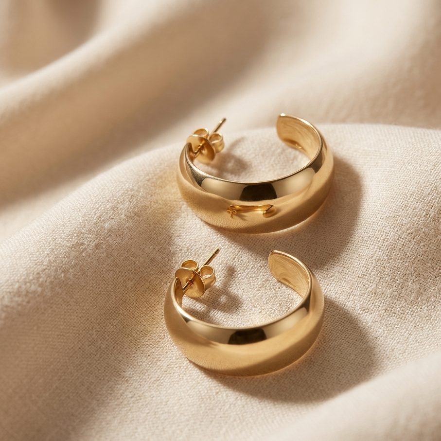 Gold hoop earrings on a beige fabric background