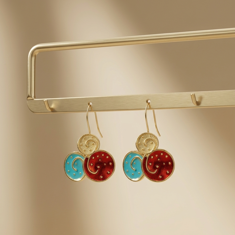 The Solstice Enamel & Brass Studs – Handcrafted Geometric Triple-Disc Earrings