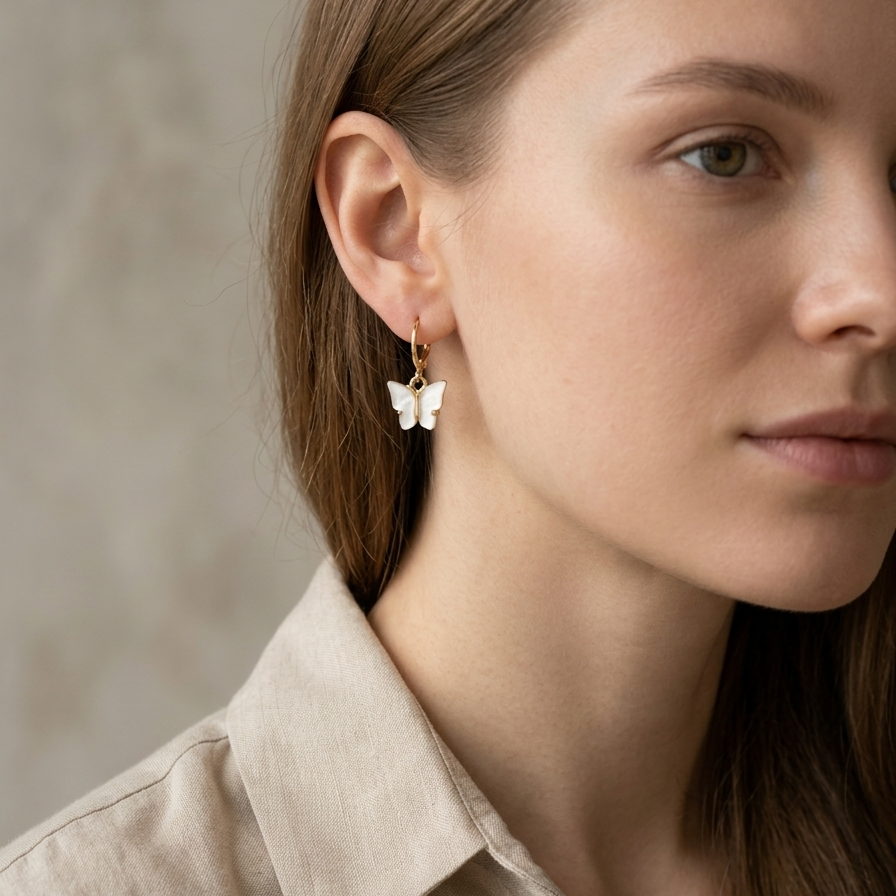 Mother of Pearl Butterfly Huggie Hoop Earrings - 14k Gold Plated Iridescent Shell Dangle Charms
