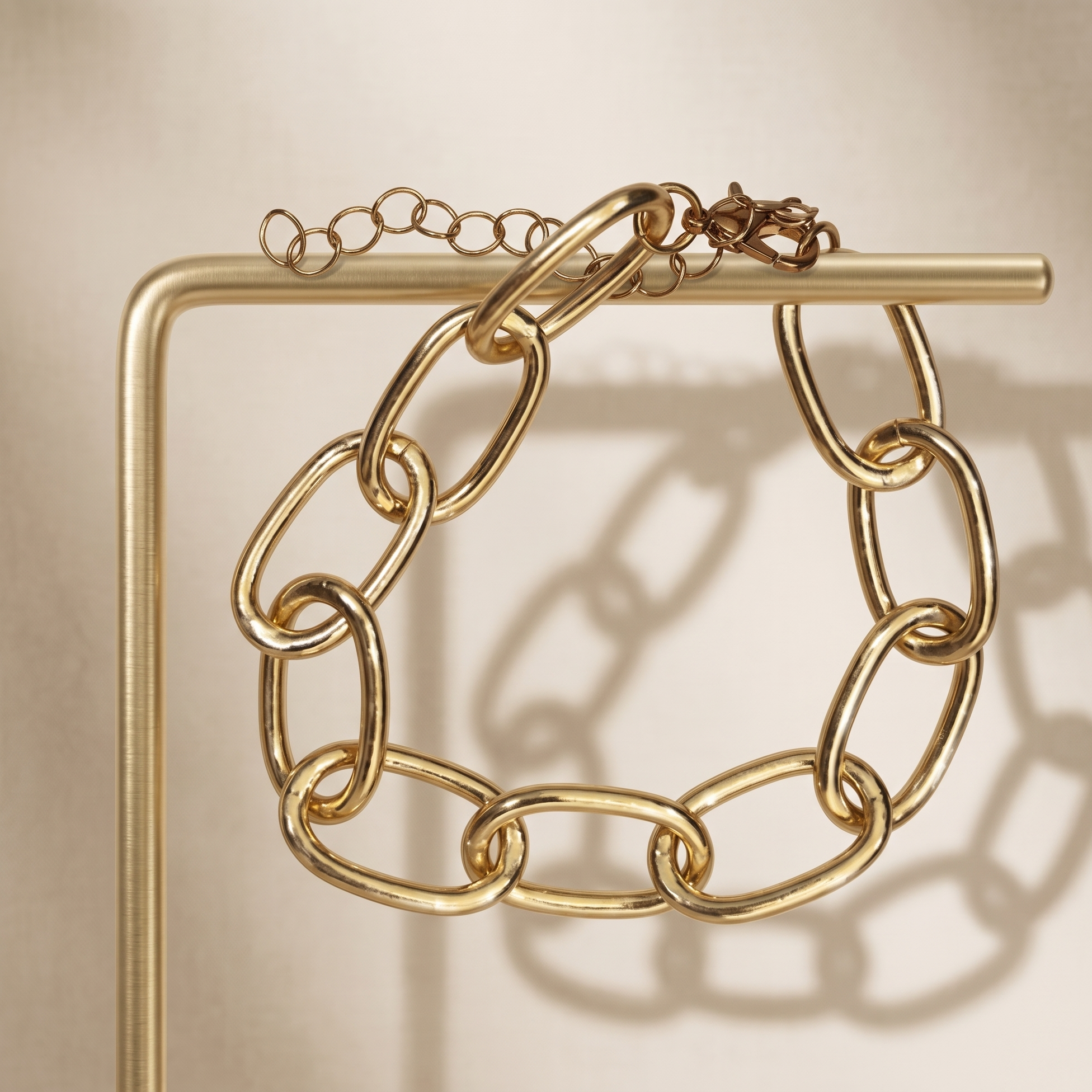 Gold chain bracelet on a beige background