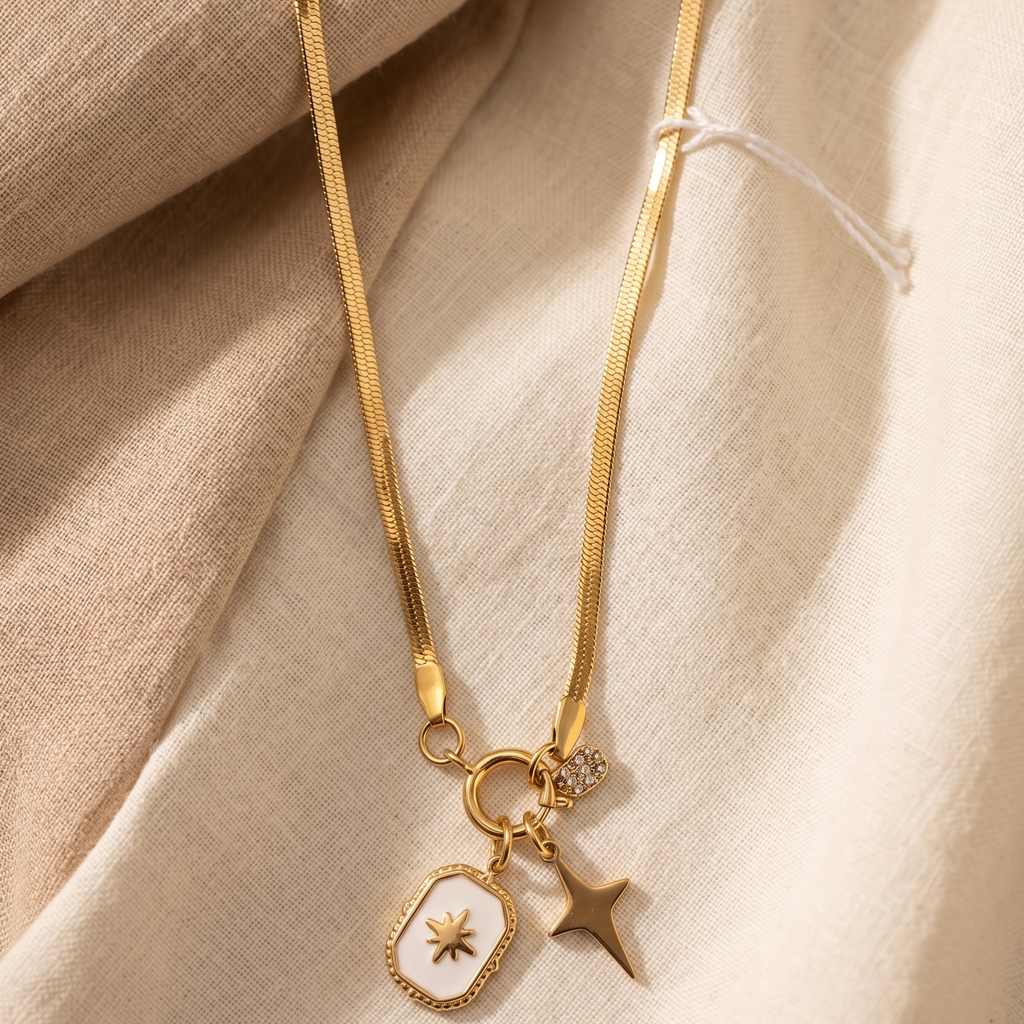 Celestial Star 18k Gold Plated Herringbone Necklace – Anti-Tarnish & Waterproof Snake Chain with Charms