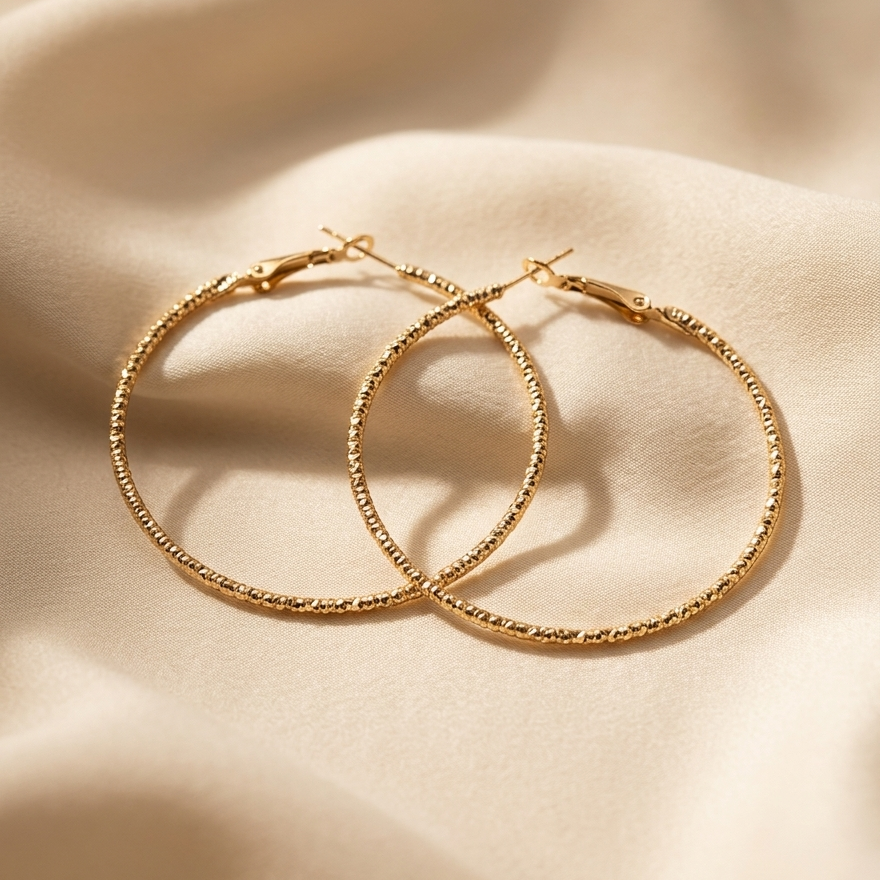 Gold hoop earrings on a beige fabric background