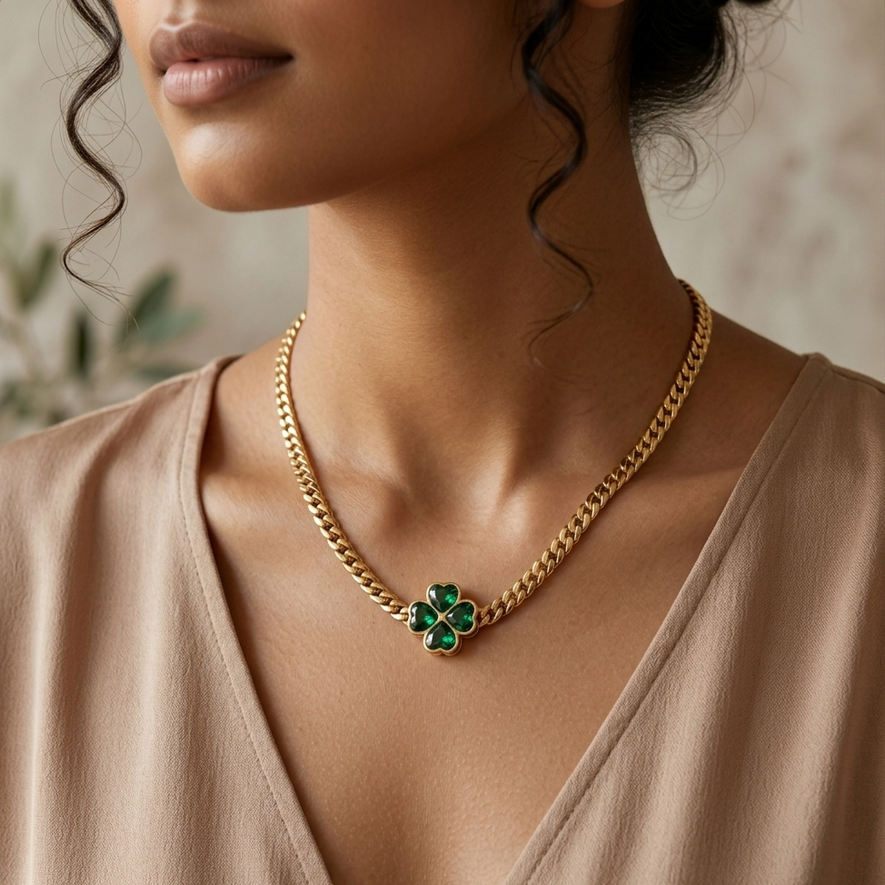 Gold chain necklace with a green clover pendant worn by a person in a beige top.