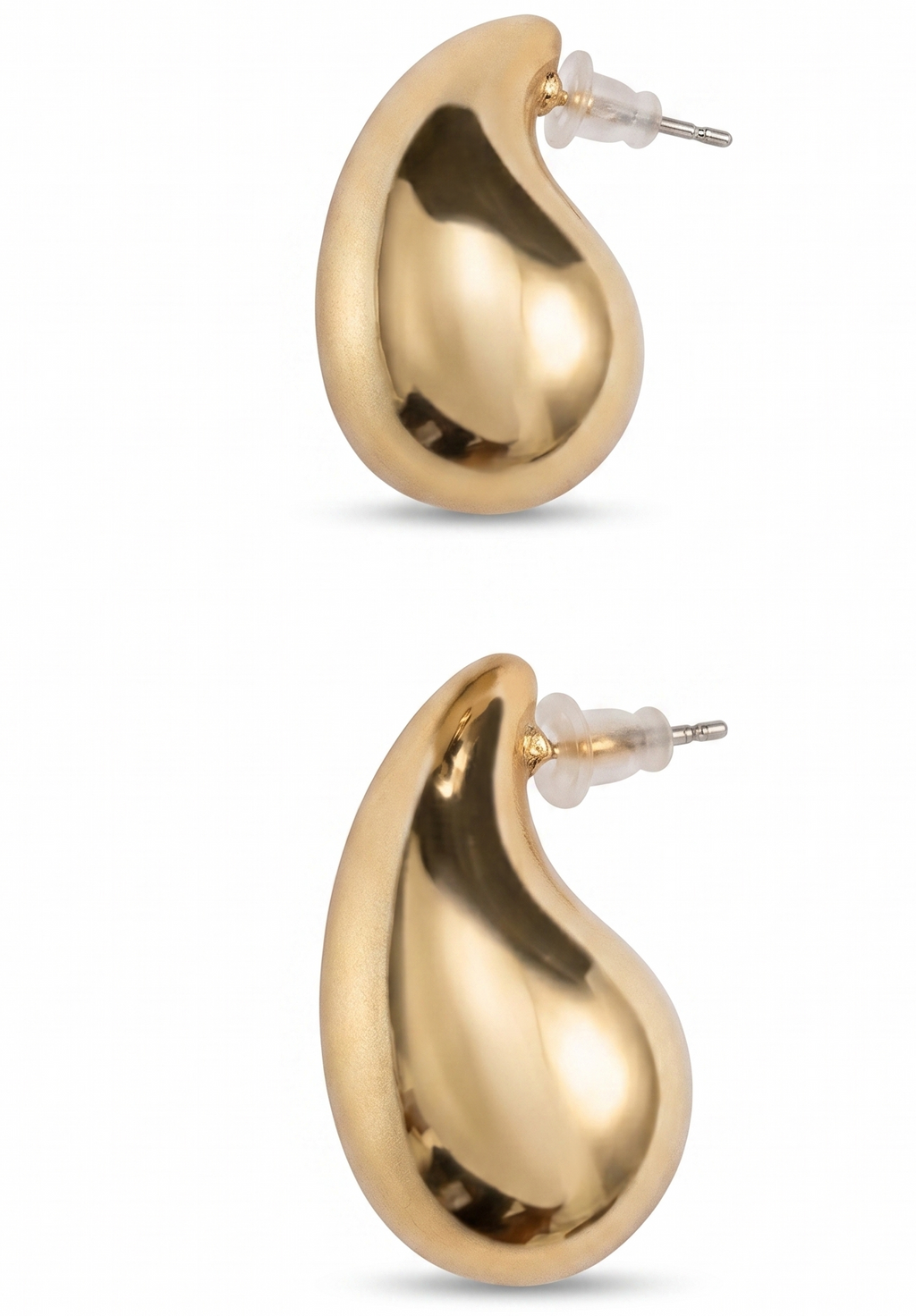 Gold teardrop-shaped earrings on a white background