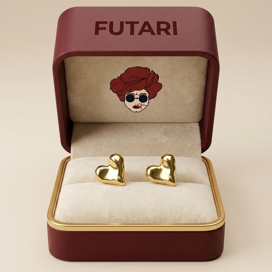 Gold heart-shaped earrings in a 'FUTARI' jewelry box with a decorative interior.