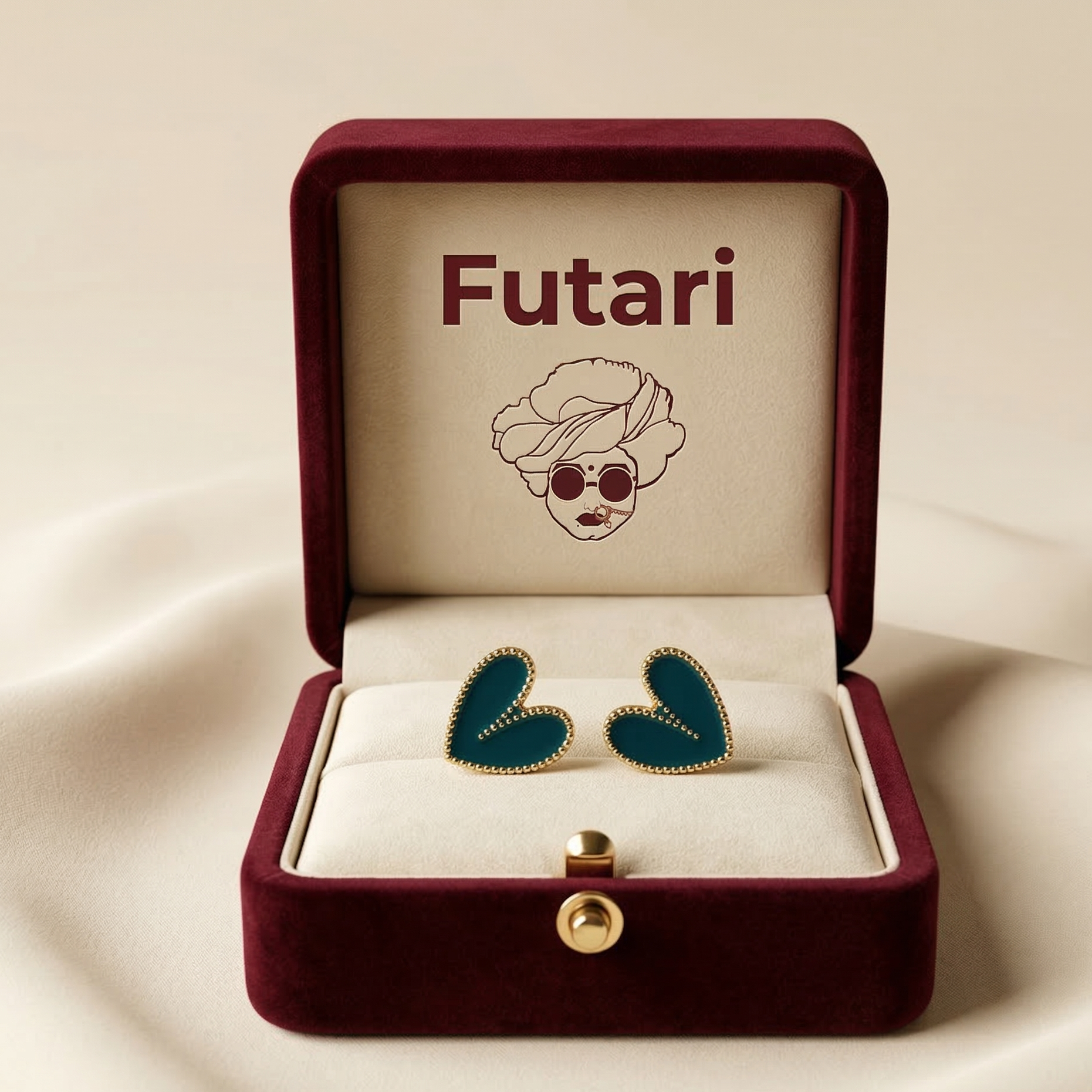The Azure Heart Studs – Teal Enamel & Gold Beaded Statement Earrings