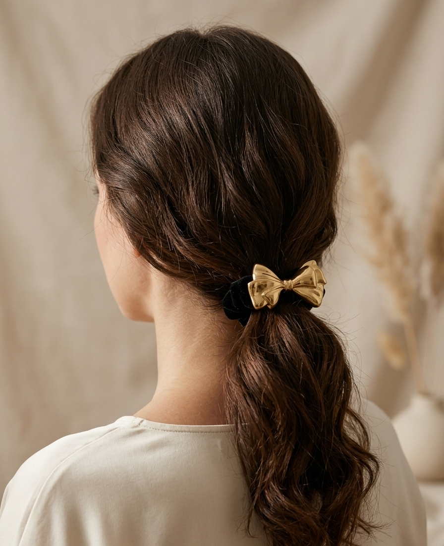 Person with a ponytail tied with a gold bow against a neutral background