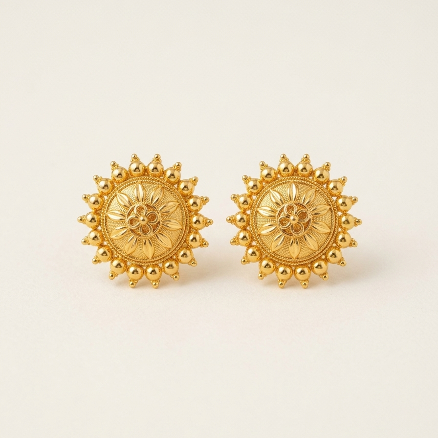 Pair of gold sunflower earrings on a beige background