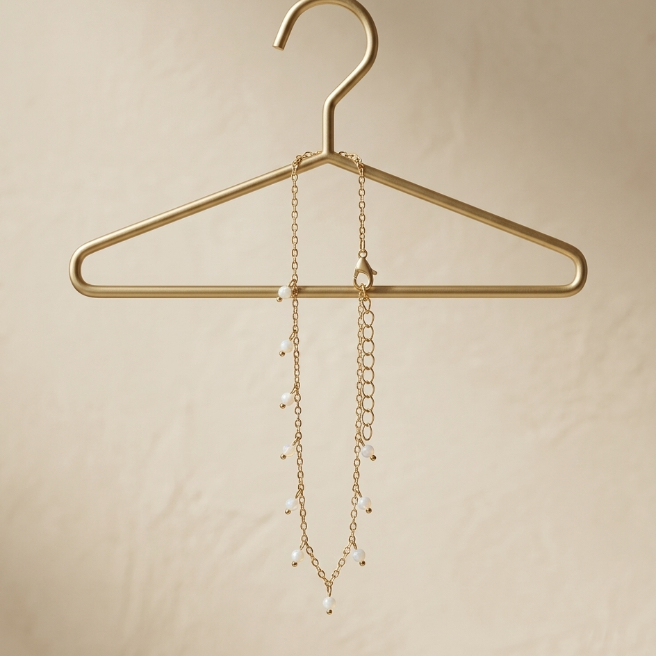 Gold necklace on a gold hanger against a beige background