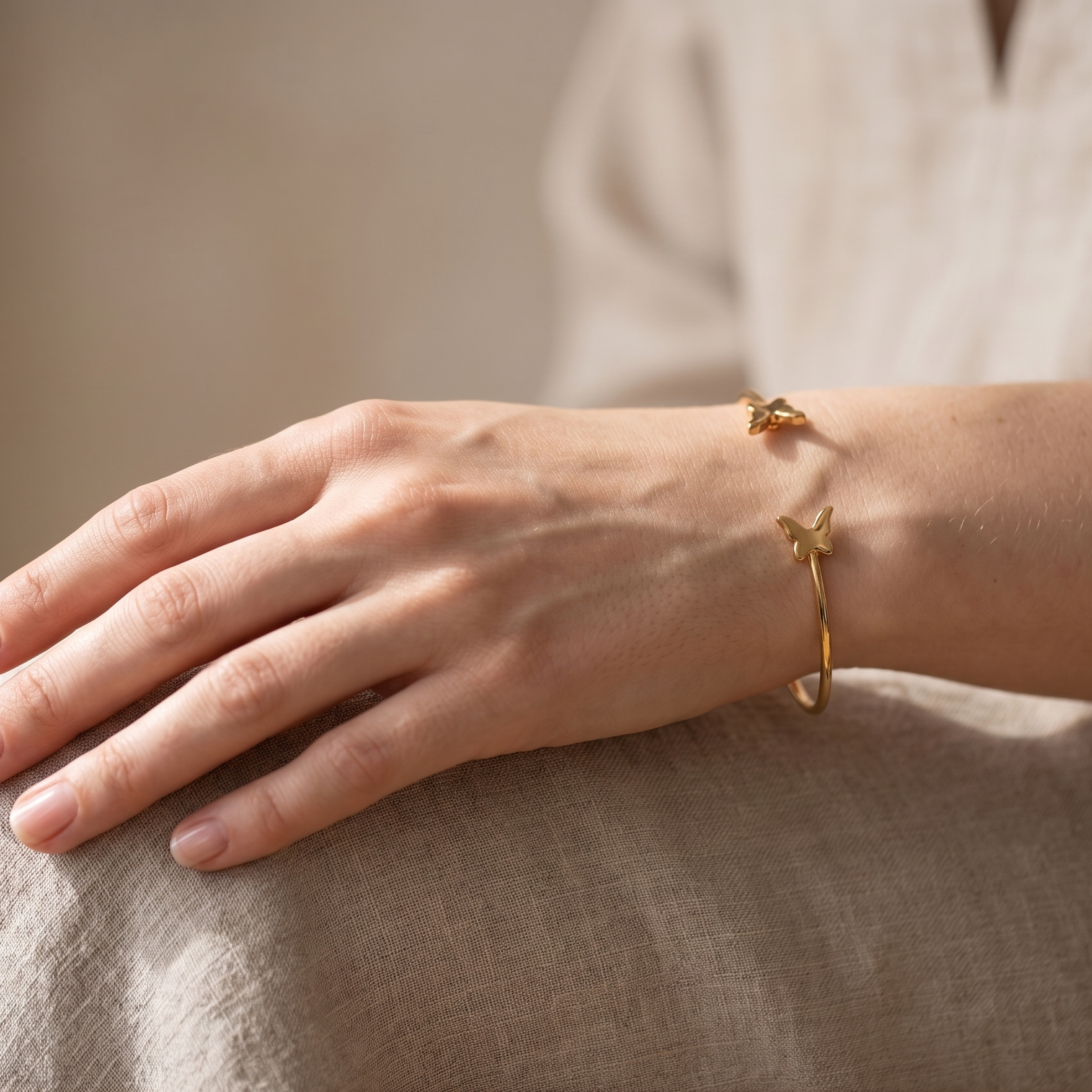 Dainty Golden Butterfly Cuff Bracelet – Minimalist Open Bangle with Wire Wrap