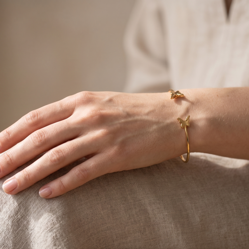 Dainty Golden Butterfly Cuff Bracelet – Minimalist Open Bangle with Wire Wrap