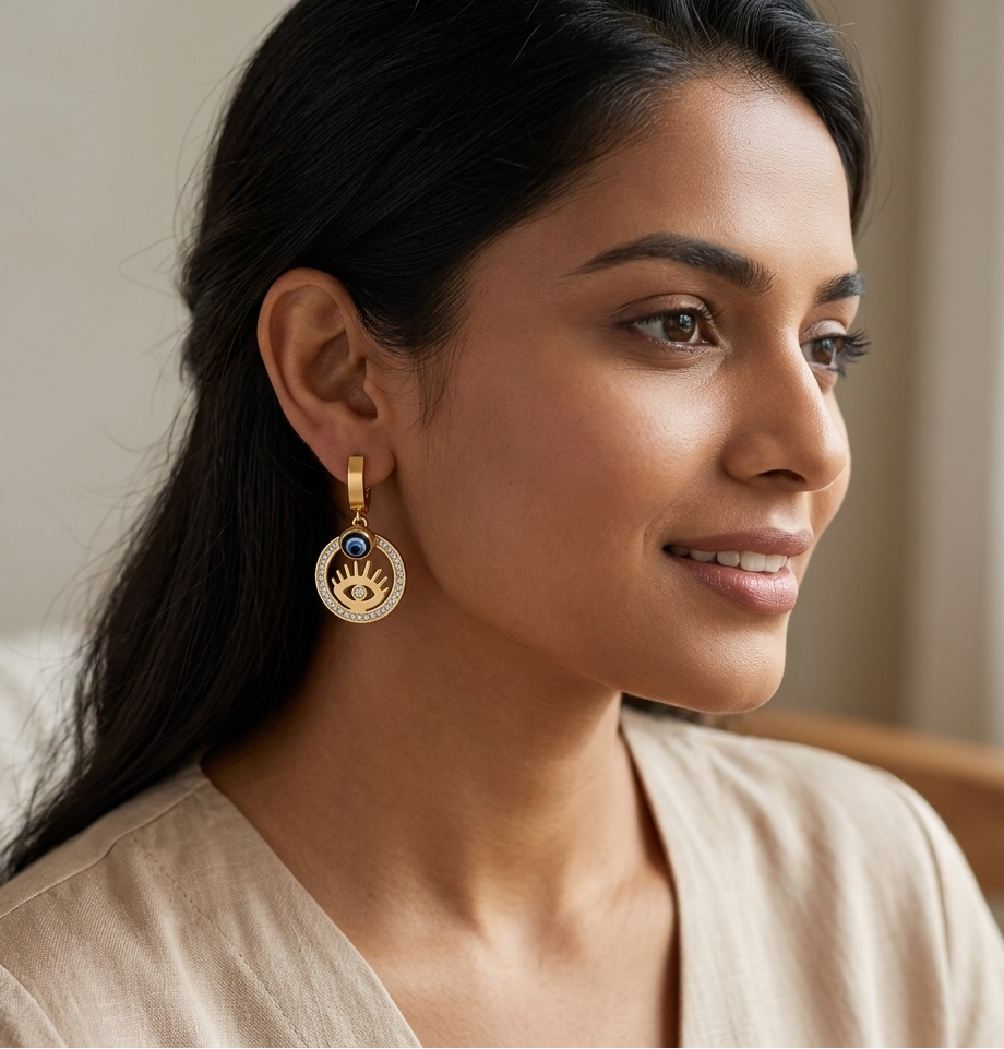 Woman wearing gold earrings with a blue gemstone, sitting indoors.