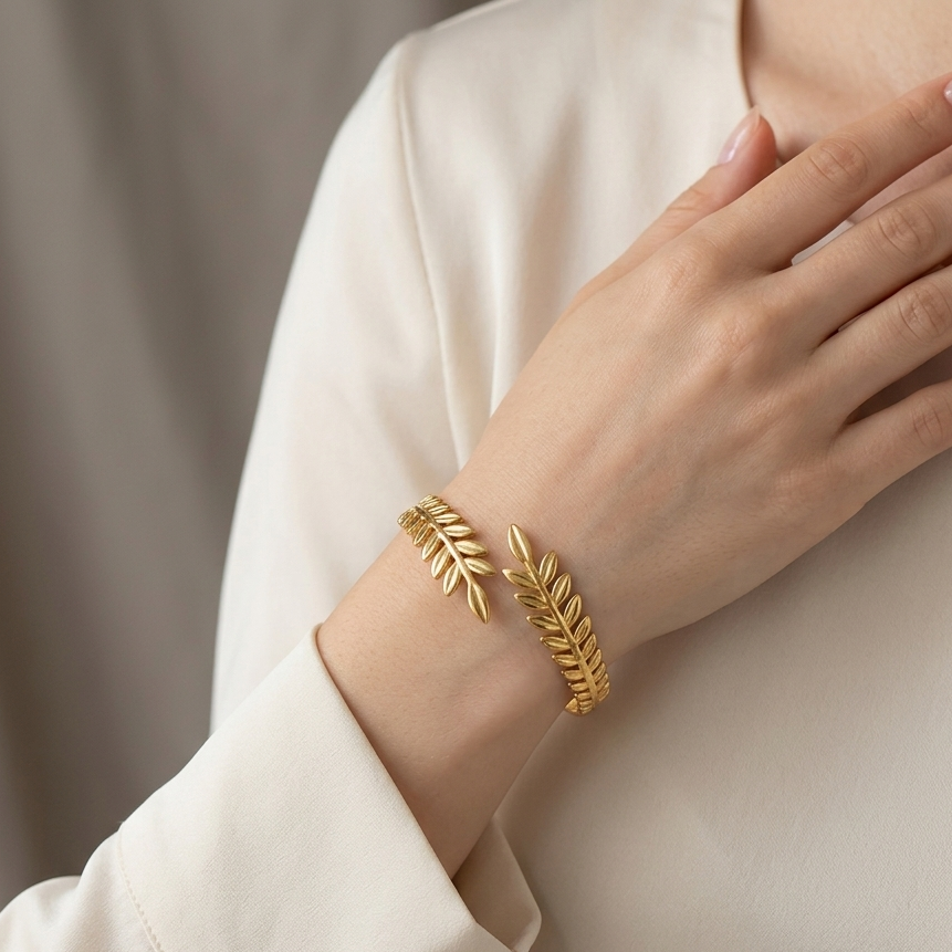 Greek Roman Laurel Leaf Bracelet || Stainless Steel Bracelet Gold Color Laurel Leaves Wheat Ears Boho Bangle Party Jewelry Christmas Gift || Rakhi Gift for Sister