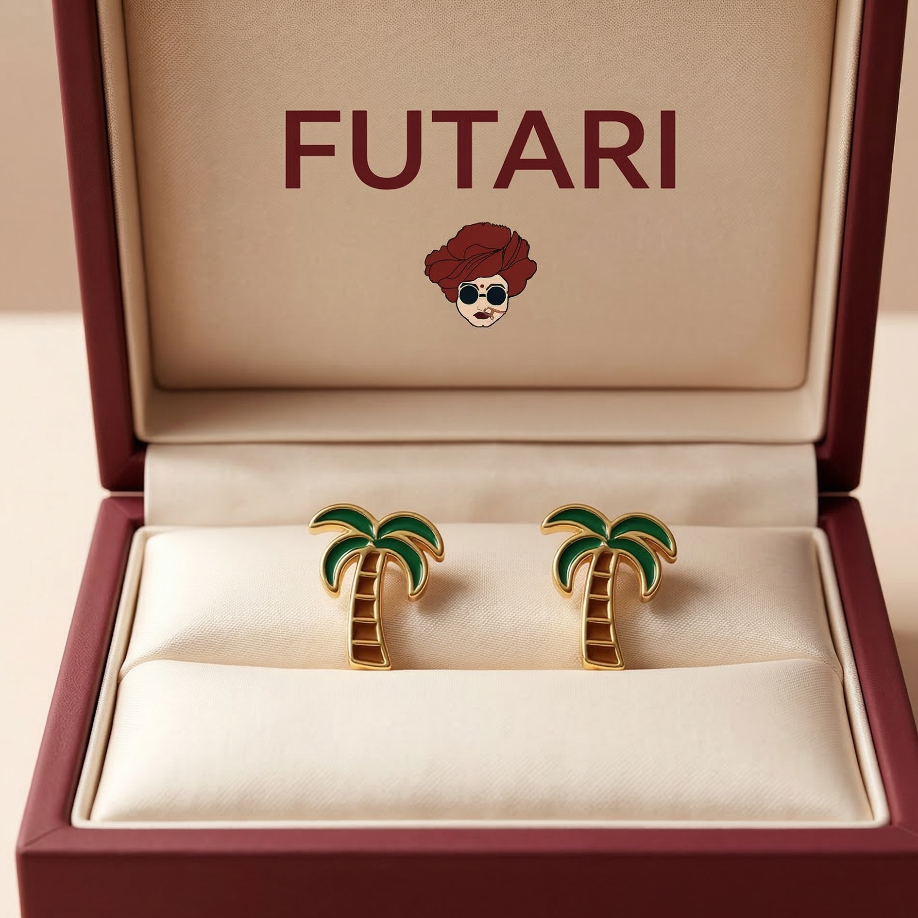 Palm tree earrings in a 'FUTARI' jewelry box