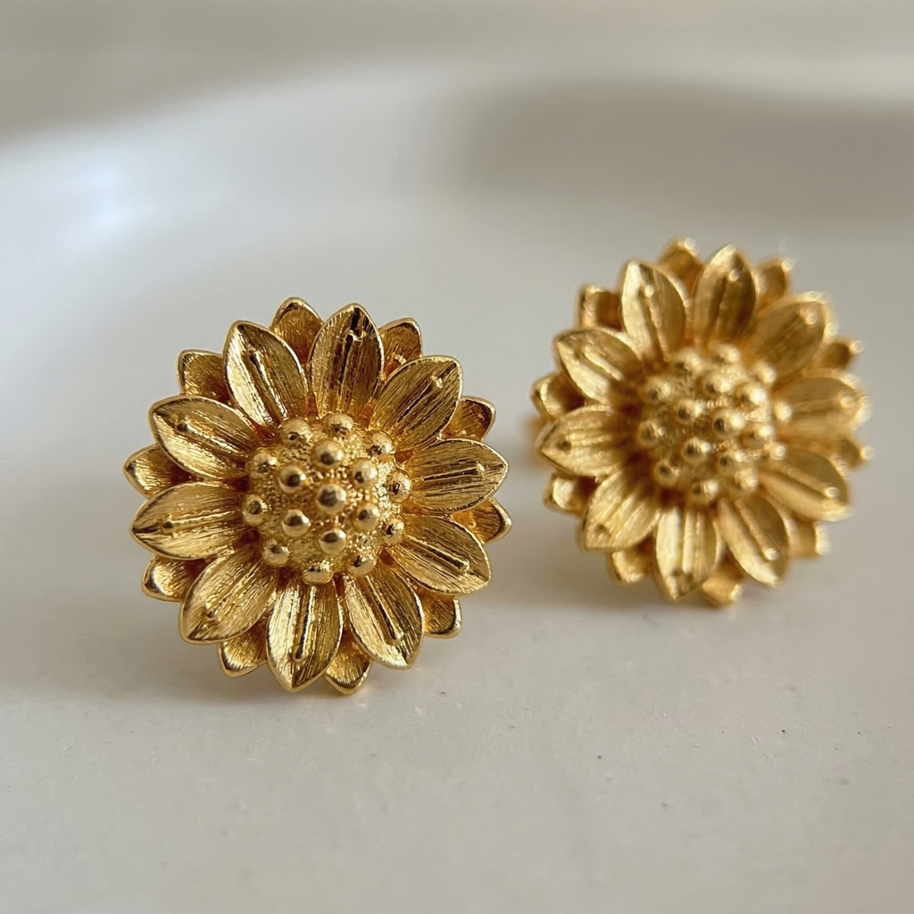 Gold sunflower-shaped earrings on a white background
