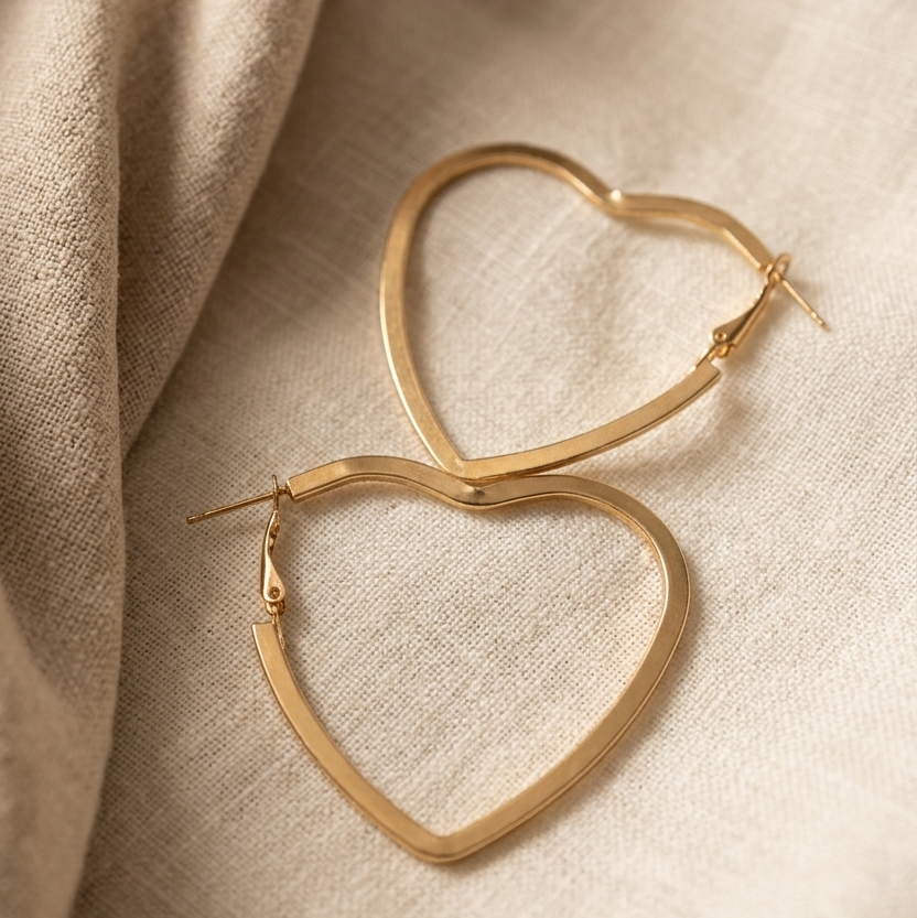 Gold heart-shaped hoop earrings on a beige fabric background