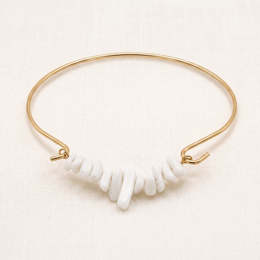 Bohemian Golden Hoop Bangle – Natural White Stone Statement Bracelet