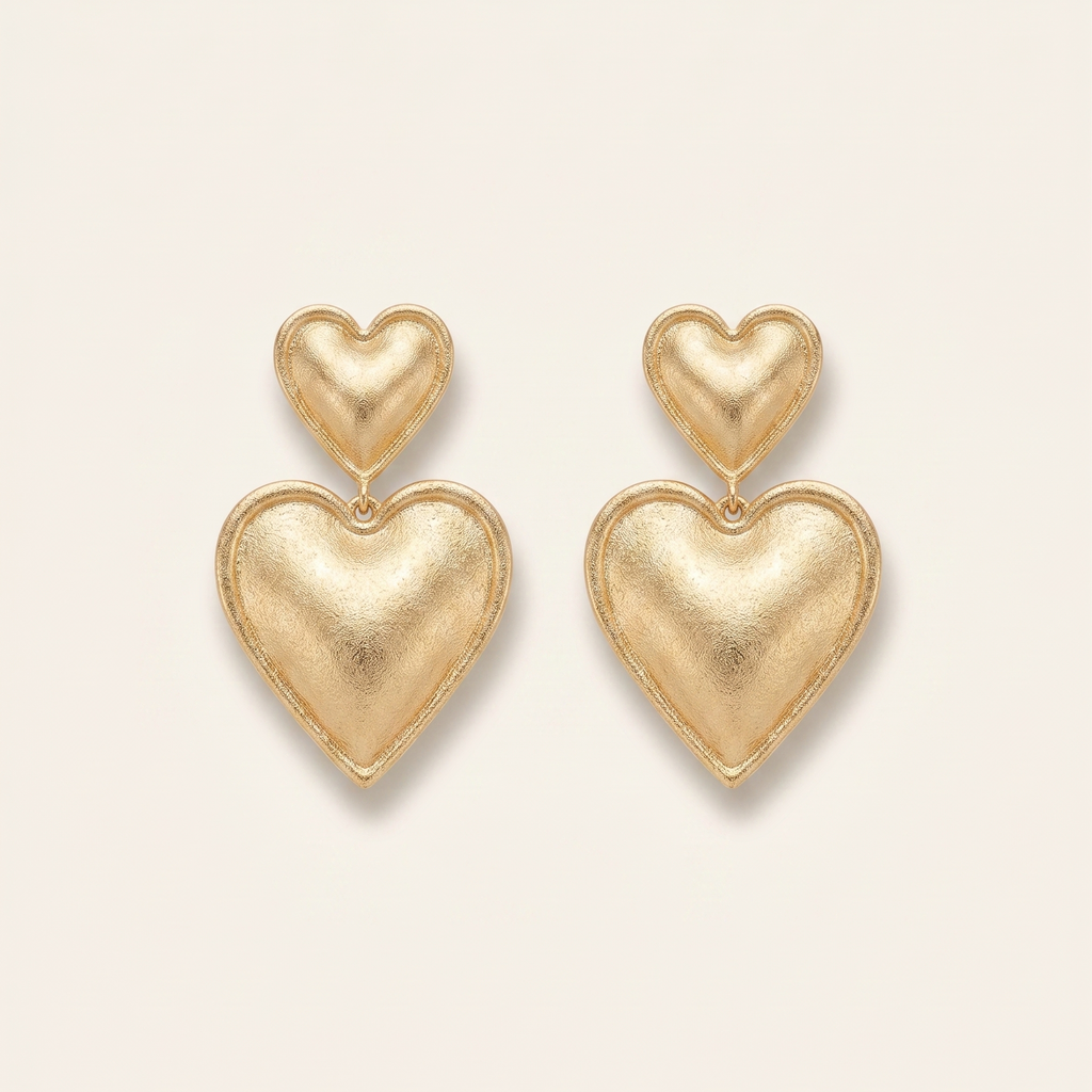 Gold heart-shaped earrings on a light beige background