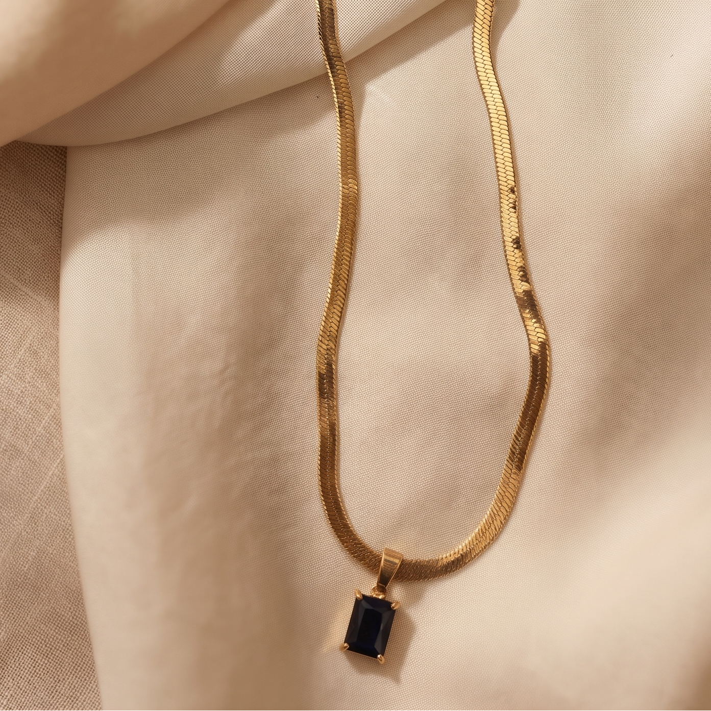 Emerald Elegance Anti-Tarnish Necklace | Gold Herringbone Snake Chain with Green Baguette Pendant