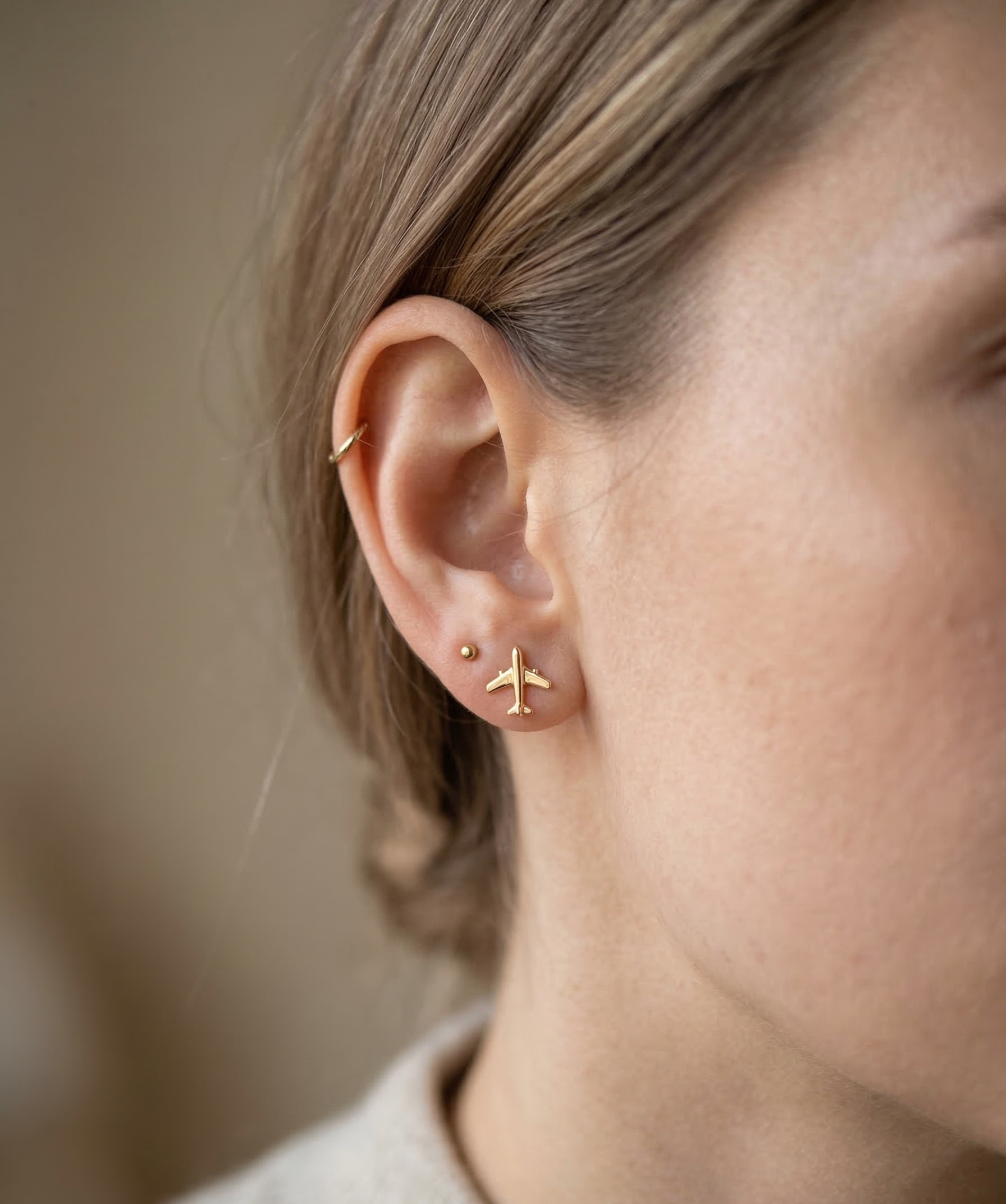 The Wanderlust Jet Studs – Champagne Gold Minimalist Airplane Earrings