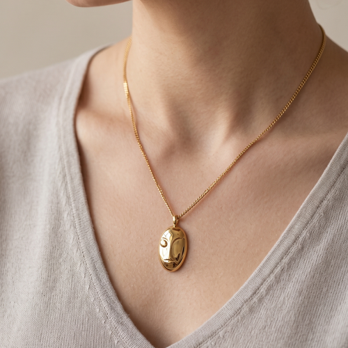 18K Gold Plated Ethereal Face Medallion Necklace – Anti-Tarnish Curb Chain