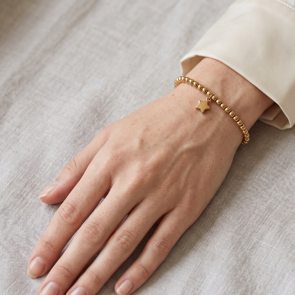 Celestial Star Gold Beaded Bracelet | Minimalist High-Shine Stretch Jewelry