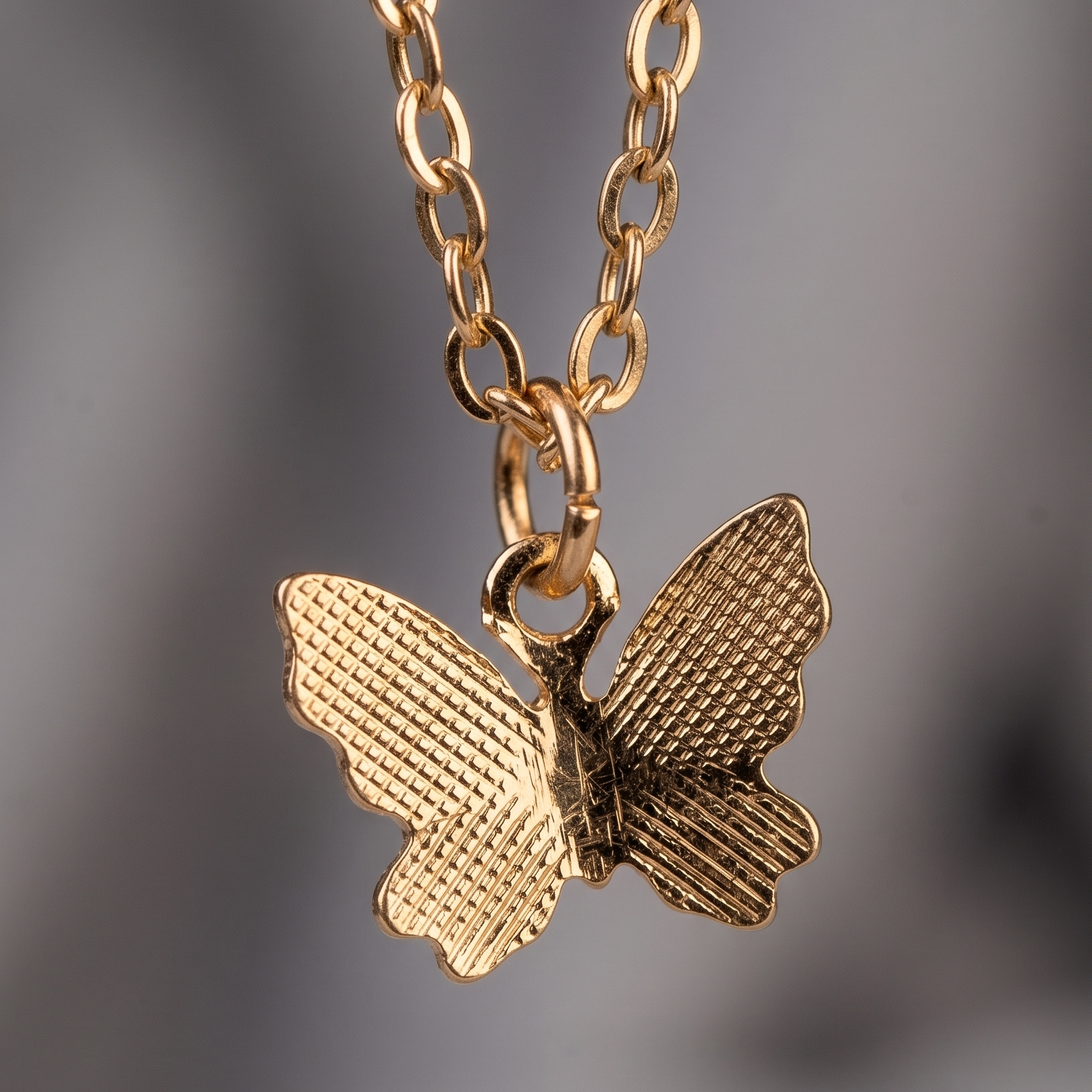 Gold butterfly pendant on a chain against a blurred background