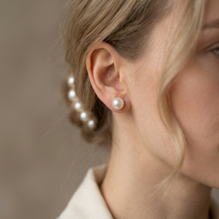 Close-up of a person wearing pearl earrings with a neutral background